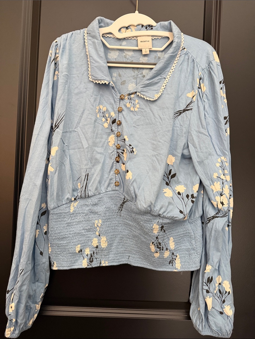 Anthropologie Light Blue Floral Button-Front Smocked Hem Blouse